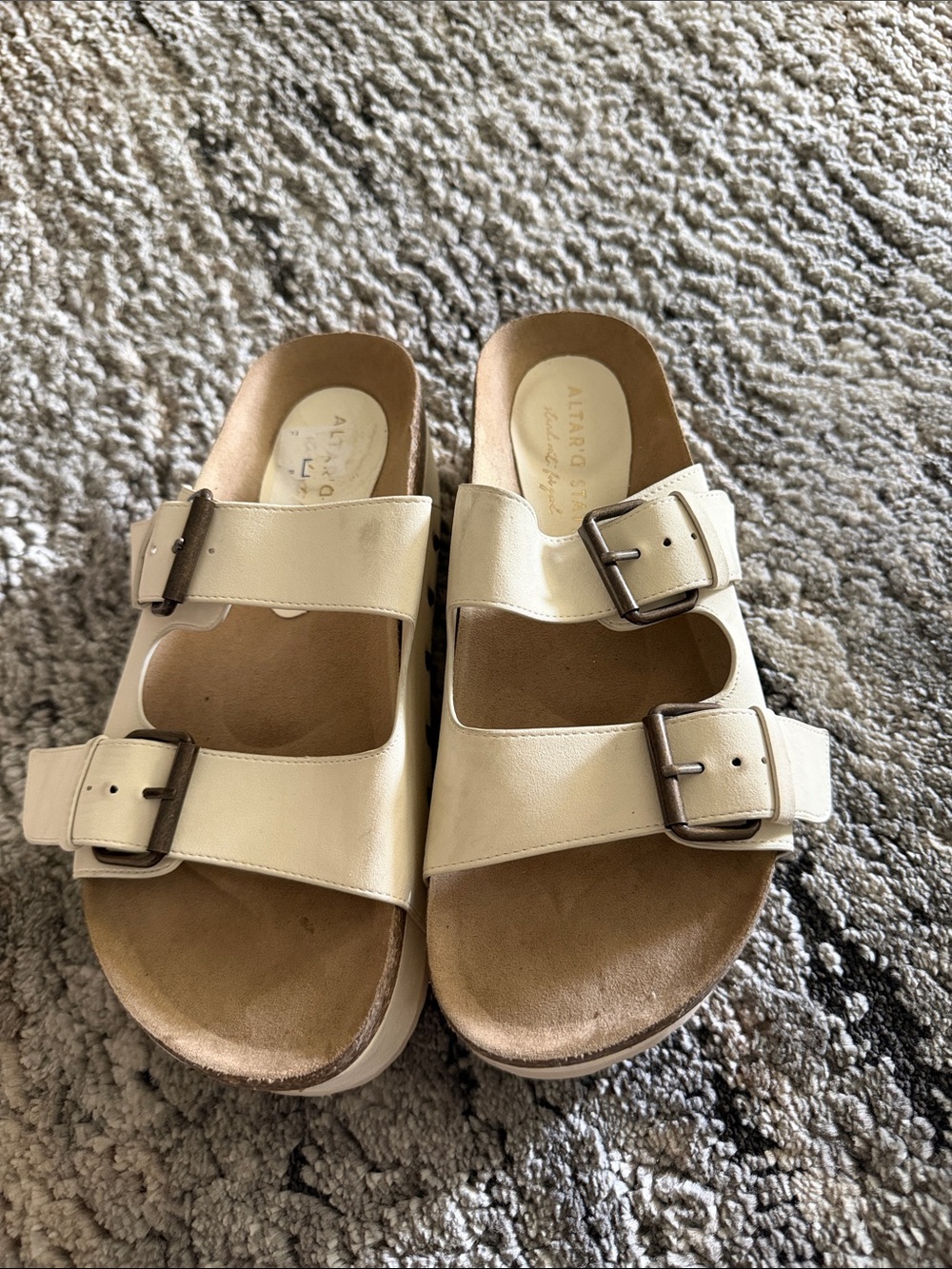 Cream Double-Buckle Slide Sandals by Altar’d State